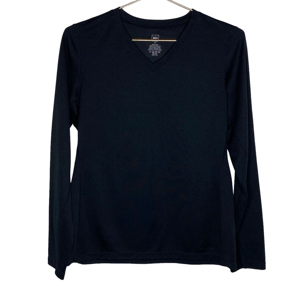 REI Womens Medium Black V Neck Activewear Top Polartec Long Sleeve Base Layer